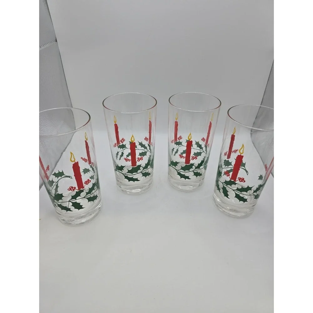 Vintage Christmas Tumbler Glasses Holly & Candle Print Holiday MCM Set Of 4